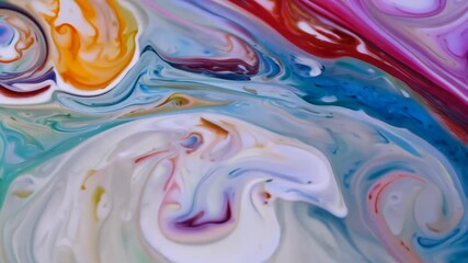 Abstract fluid art featuring swirling blue hues intermingled with vibrant colors, creating a captivating pattern. the dynamic movement and blend of colors evoke a sense of creativity and artistic expr