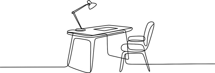 Continuous line drawing of a sleek modern desk, comfortable chair, and task lamp, symbolizing productivity, study, and remote work environment. Vector, illustration