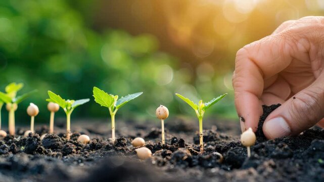 Hands gently plant seeds in warm soil while new sprouts emerge, showcasing the beauty of growth in a vibrant garden