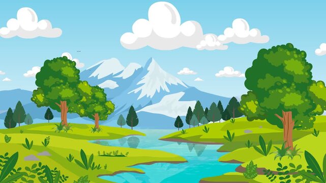 Vibrant mountain lake landscape  animation with trees