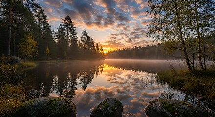 Obraz premium A serene lake reflects a colorful sunrise. Misty atmosphere, tall trees frame the water, creating a tranquil landscape, stones in foreground