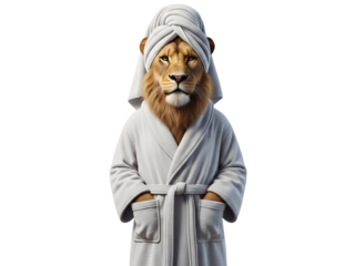 Funny Lion in Bathrobe and Towel Turban - Relaxed Spa Lion PNG with Transparent Background