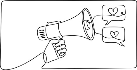 Continuous line art drawing of a hand holding a megaphone, announcing positive news and spreading love, a symbol of communication Vector, illustration