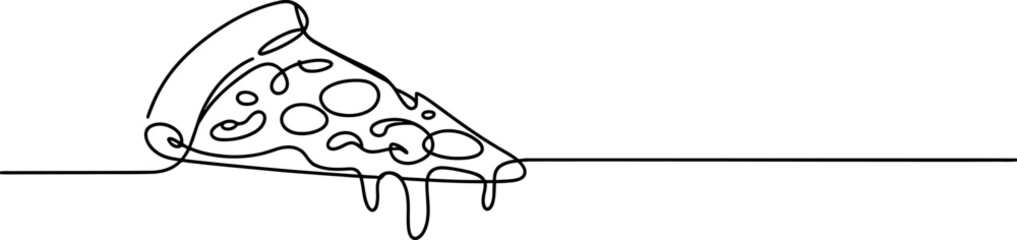 Single continuous line drawing of a delicious pizza slice with melting cheese, an iconic fast food item for restaurants and italian food Vector, illustration