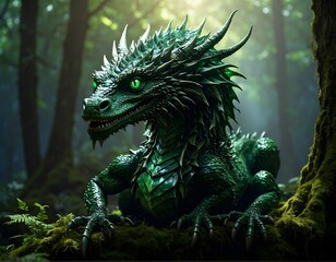 Emerald dragon resting on mossy bough in sun-dappled woods, radiant green eyes watching silently