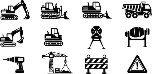 Collection of black construction equipment and safety icons on white background machinery © Ambia Art