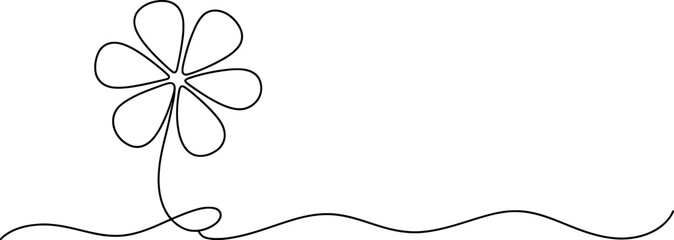 Continuous line art drawing of a single minimalist six-petal flower with a flowing, wavy stem on a pure white background, embodying grace and simplicity. Vector, illustration