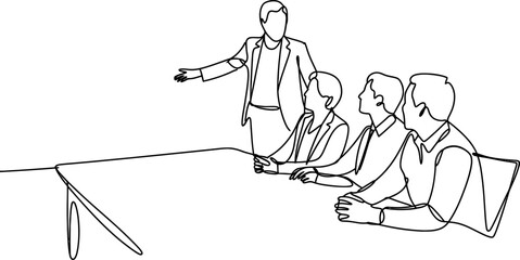 Continuous line drawing of a business meeting or presentation with a speaker addressing an attentive audience seated at a table, discussing ideas. Vector, illustration