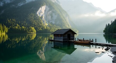 A serene lakeside view with a wooden boathouse, nestled against towering mountains and a calm, reflective lake. Sunlight adds to the ambience