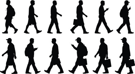 Collection of black male silhouettes walking with backpacks briefcases and phones