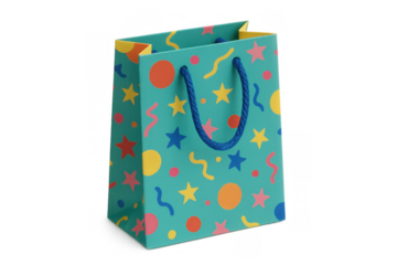 Colorful party gift bag with stars, circles, and confetti pattern for celebration, birthday, or shopping