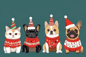 Festive holiday pets party in Christmas sweaters and hats