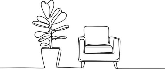 Continuous line drawing of a minimalist armchair and a potted houseplant, simple interior design concept, modern single line art vector illustration Vector, illustration