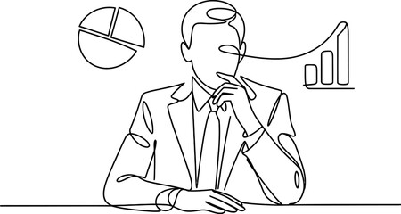Businessman deep in thought, analyzing financial data and business growth trends, depicted in continuous line art vector. Vector, illustration
