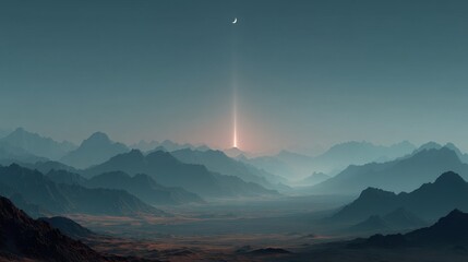 Mountains show stunning sunrise with crescent moon in the calm sky above the valley landscape