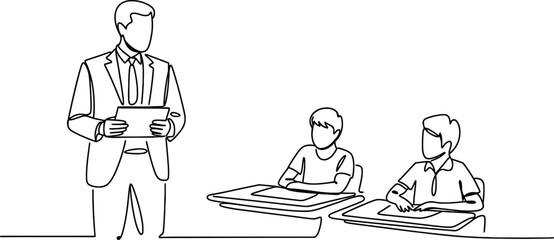 Male teacher in suit holding a tablet instructing two diligent young male students at desks in a classroom, continuous line drawing education concept. Vector, illustration