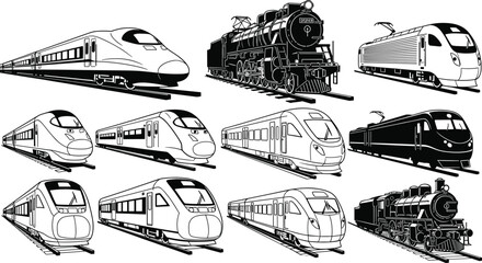 Collection of diverse train illustrations including modern bullet trains and vintage steam locomotives