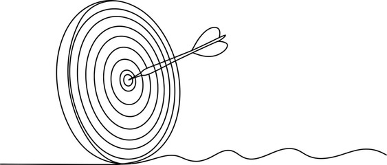 Continuous line drawing of a dart hitting the bullseye on a target board, symbolizing success, goal achievement, accuracy, and precision. Vector, illustration