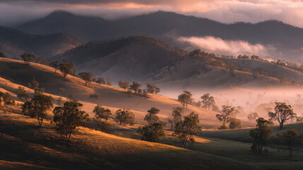 Golden hour landscape with rolling hills and misty clouds