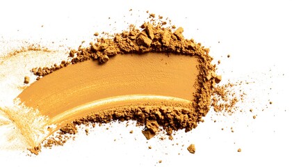 Cosmetic streak of golden powder pigment, with scattered particles at edges, on white backdrop