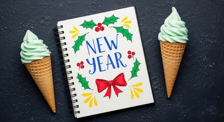 Two mint green soft serve ice cream cones flank a notebook decorated with new year festive holly and bow illustration