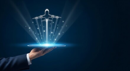 Airplane hologram projecting from a tablet held in a mans hand