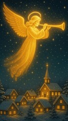 Fototapeta premium Celestial angel over snowy village.