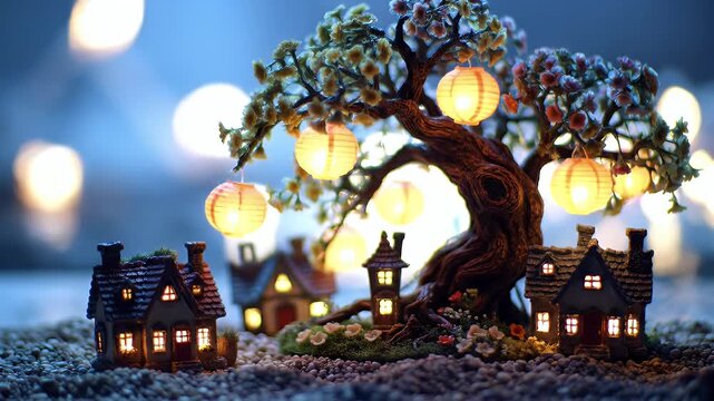 Enchanted Nighttime Village Under a Brightly Lit Tree With Warm Lanterns and Miniature Homes