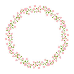 Small pink flowers on green branches in round frame. Floral border with copy space. Suitable for greeting cards, covers, prints, and social media. Vector illustration