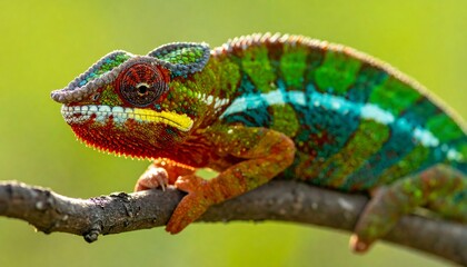 Obraz premium Colorful chameleon sits on a twig with a green blurred background