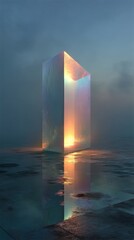 Modern crystal structure reflecting light at dawn in a misty landscape