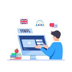 Illustration of TOEFL exam concept. English online study. Illustration for websites, landing pages, mobile apps, posters and banners.