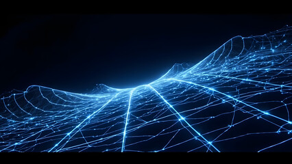 A massive holographic grid bending and warping as if pulled by gravity, its bright edges fading into darkness. Clean copyspace preserved at the top for text or design.