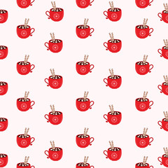 Seamless cozy winter pattern with cute red tea and coffee mugs, steam, and simple festive details. Perfect for holiday wrapping paper, textiles, stationery, and digital backgrounds.