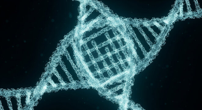  Abstract background of a glowing, intricate DNA strand or a complex molecular structure, rendered in soft blue and green hues against a dark, seamless background. Suggests genetic research and biolog
