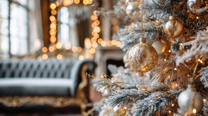 Elegant Christmas tree with golden ornaments and lights