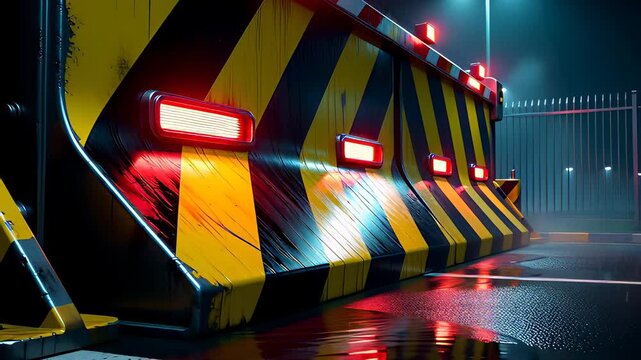 Heavy duty yellow and black security barrier blocking a road with flashing red lights and rain reflections in a dark cinematic 3D animation, illustrating restricted access concepts.