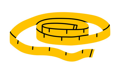 Hand drawn cute illustration of measure tape. Flat vector fitness equipment doodle. Body weight loss measurement sticker. Wellness or healthy lifestyle icon. Overweight or diet concept. Isolated.