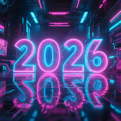 A modern neon-style New Year 2026 design blending cyberpunk aesthetics with vibrant lighting.