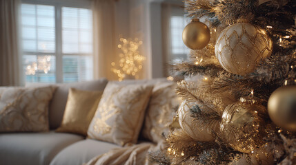 Elegant golden Christmas tree decorated for holiday season