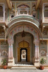 Fototapeta premium Ornate, multi-story building featuring a vibrantly painted archway and detailed facade