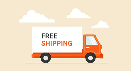 Illustration of an orange delivery truck with free shipping advertisement