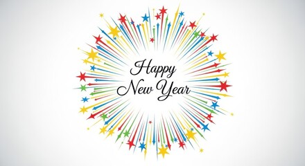 Happy new year greeting card design with colorful star burst and festive typography isolated on white background