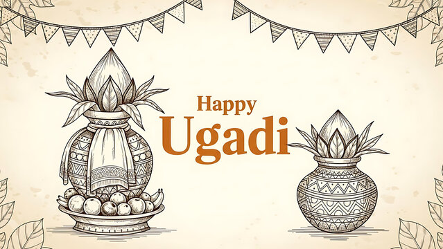 Happy ugadi festival greeting with traditional pots and decorations