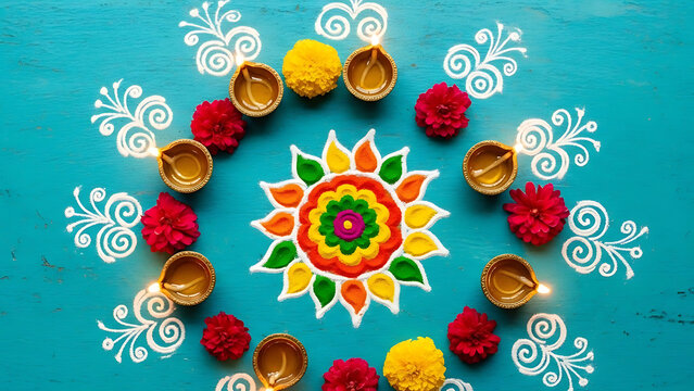Colorful rangoli design with diyas and flowers for diwali celebration - Powered by Adobe