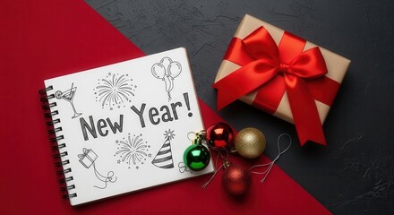 New year celebration flat lay with drawing, gift box, and shiny christmas ornaments on red and black background