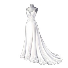Elegant white bridal gown with lace details and flowing train for special