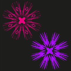 Abstract star bursts. Dynamic spike elements. Pink purple Vector set. Dark background graphic.
