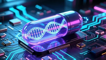 Glowing capsule with dna inside on circuit board with nanotech filaments and chips symbolizing genetic research, smart healthcare - Powered by Adobe
