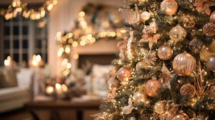 Elegant Christmas tree adorned with gold ornaments and twinkling lights